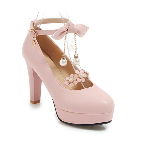 Bowtie Ultra-High Heels Thick Heel Ankle Strap Buckle Shallow Mouth Platform Chunky Pumps Shoes Woman