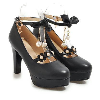 Bowtie Ultra-High Heels Thick Heel Ankle Strap Buckle Shallow Mouth Platform Chunky Pumps Shoes Woman