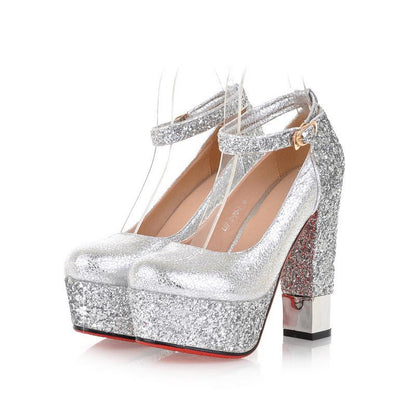 Sequined Super-high-heeled Chunky Pumps Platform Shallow-mouth One-word Buckle Shoe Woman Shoes Woman