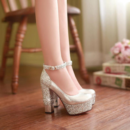 Sequined Super-high-heeled Chunky Pumps Platform Shallow-mouth One-word Buckle Shoe Woman Shoes Woman