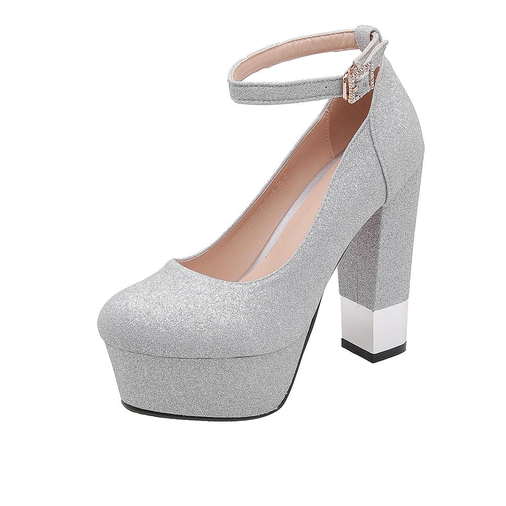 Ankle Straps Glitter High Heels Platform Chunky Pumps Bride Shoes Woman