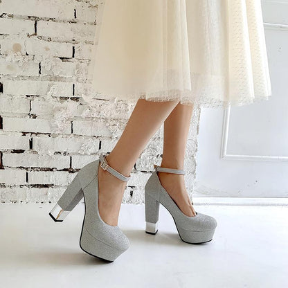 Ankle Straps Glitter High Heels Platform Chunky Pumps Bride Shoes Woman