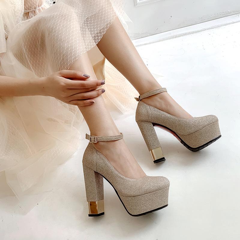 Ankle Straps Glitter High Heels Platform Chunky Pumps Bride Shoes Woman