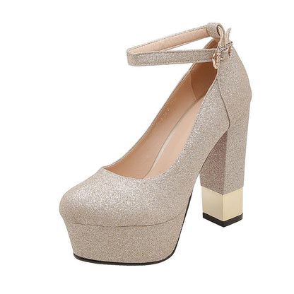 Ankle Straps Glitter High Heels Platform Chunky Pumps Bride Shoes Woman