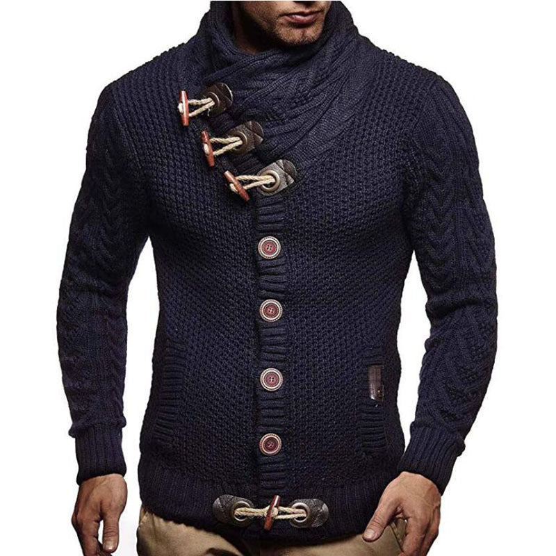 Men's Round Neck Horn Button Single Breasted Cardigan