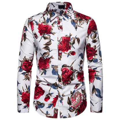 Men's Fashion Rose Pattern Decor Design Long Sleeves Shirts