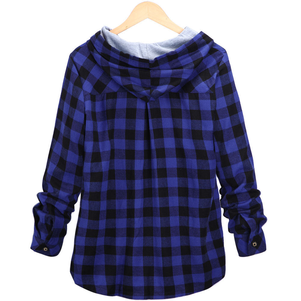 Casual Hooded Long Sleeve Drawstring Plaid Pattern Shirt Hoodie for Ladies 9540