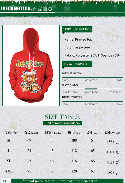 Couple Christmas Bear Print Casual Sports Hooded Pullover Sweater