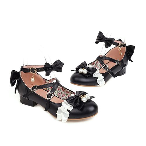 Women Pearl Chunky Heel Pumps Mary Janes Shoes with Bowtie
