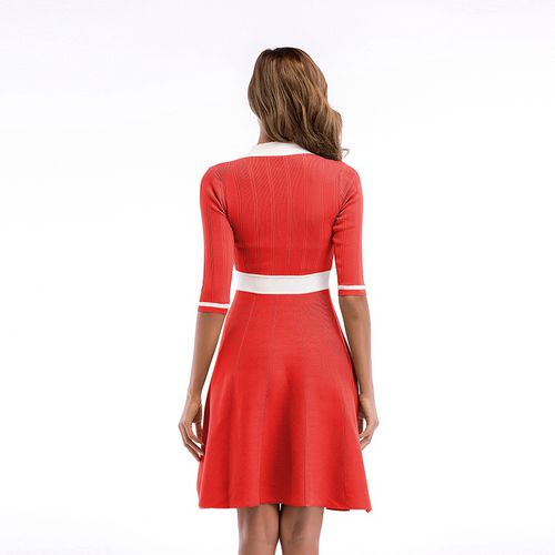 V-neck Lace Up Bow Swing 5-sleeve Beam Waist Women Dresses