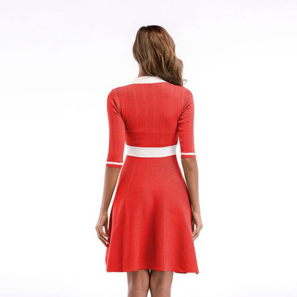 V-neck Lace Up Bow Swing 5-sleeve Beam Waist Women Dresses