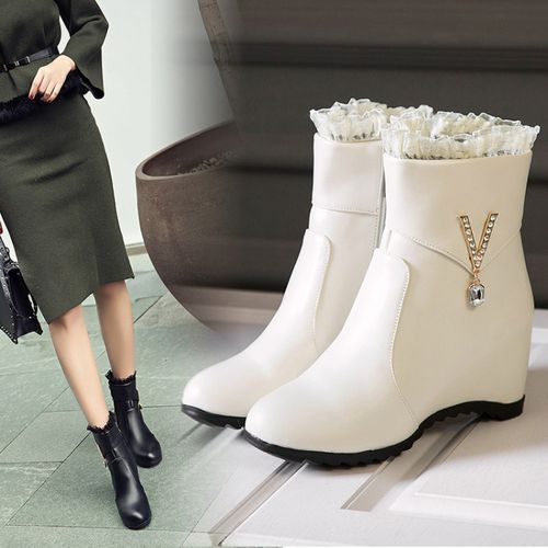 Women Rhinestone Lace Wedge Heels Short Boots Winter Shoes