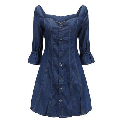 Denim Square Neck Lantern Sleeve Mid Sleeve A-line Women's Dresses