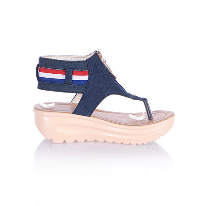 Denim T Strap Women Platform Sandals Wedge Heels Shoes for Summer 4419