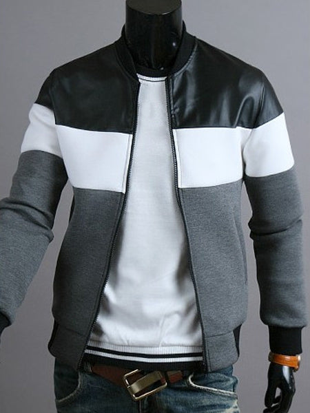 Classic Color Block PU Leather Spliced Rib Hem Stand Collar Long Sleeves Men's Slimming Jacket 1689
