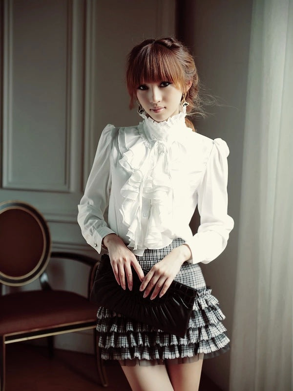 Women Office Blouses Victorian Top Button Silky Lace Collar Ruffle ...
