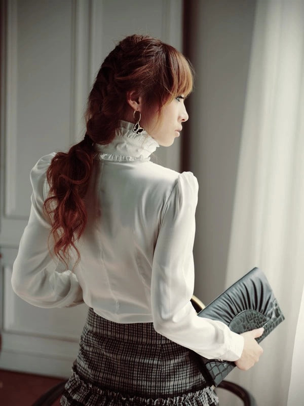 Women Office Blouses Victorian Top Button Silky Lace Collar Ruffle Satin Shirts 4025
