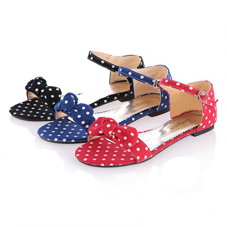 Women Polka Dot Bowtie Flat Sandals Shoes 4756