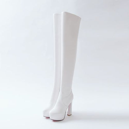 Round Toe Women High Heel Knee High Platform Boots