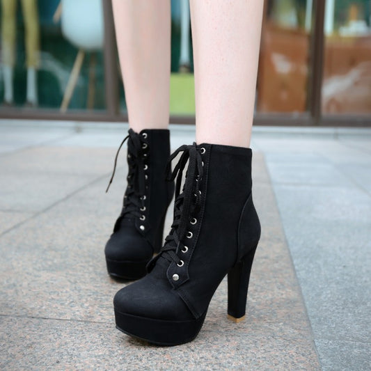 Women's Lace Up Platform Ankle Boots Heels Shoes Autumn and Winter 7728