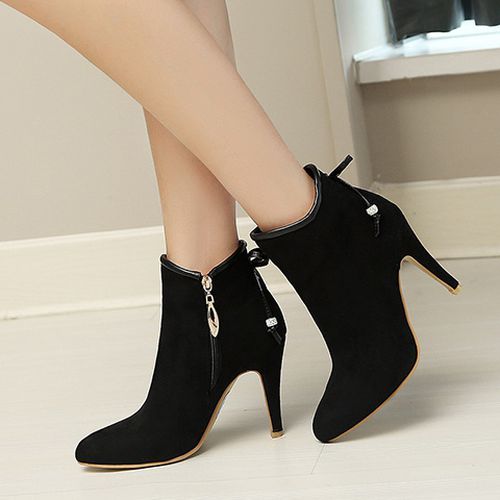 Pointed Toe Zipper Women High Heels Short Boots