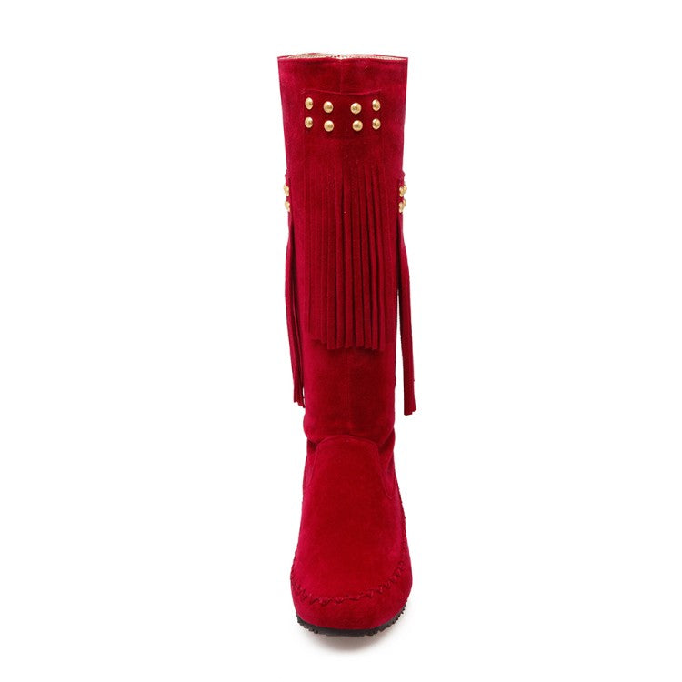 Women's Rivets Tassel Wedges Heels Tall Boots