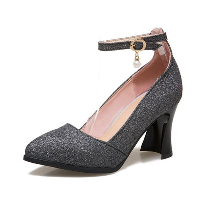 Pointed Toe Sequined Ankle Strap Women Thin High Heels Pumps