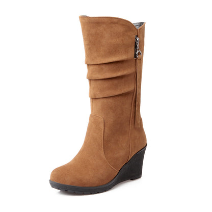 Women's Suede Platform Wedges Heel Mid Calf Boots