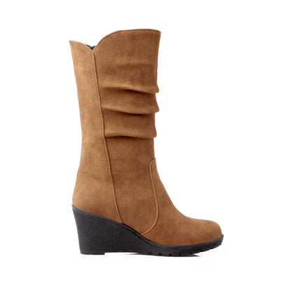 Women's Suede Platform Wedges Heel Mid Calf Boots