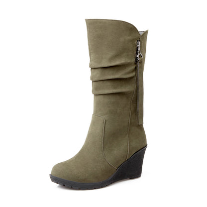 Women's Suede Platform Wedges Heel Mid Calf Boots