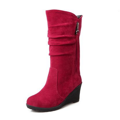 Women's Suede Platform Wedges Heel Mid Calf Boots