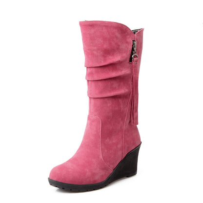 Women's Suede Platform Wedges Heel Mid Calf Boots