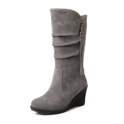 Women's Suede Platform Wedges Heel Mid Calf Boots