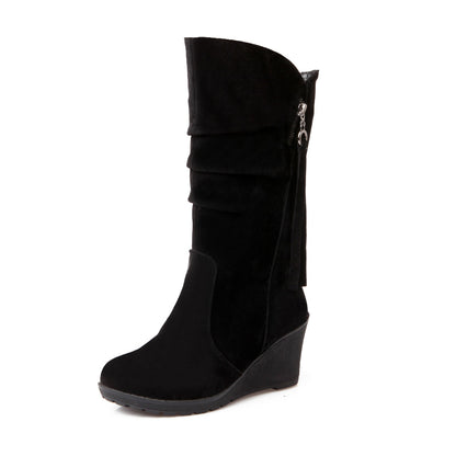 Women's Suede Platform Wedges Heel Mid Calf Boots