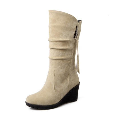 Women's Suede Platform Wedges Heel Mid Calf Boots