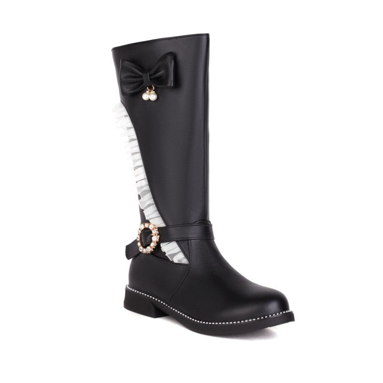 Women's  Rhinestone Pearl Low Heel Mid Calf Boots