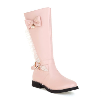 Women's  Rhinestone Pearl Low Heel Mid Calf Boots