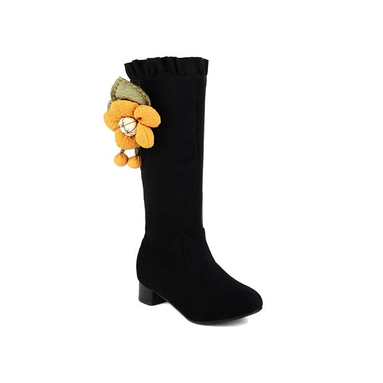 Women's  Flower Low Heel Mid Calf Boots