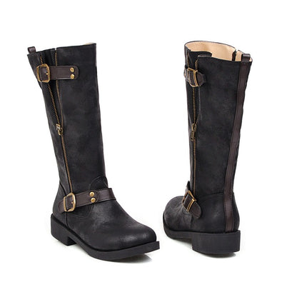 Womens' Buckle Belt Low Heels Knee High Boots