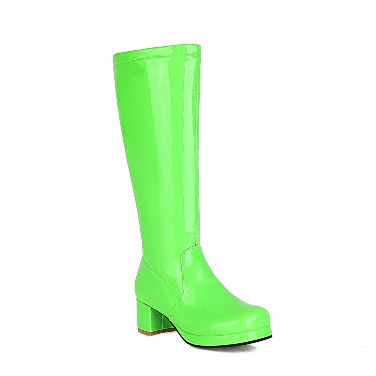 Womens' Patent Leather Block Heels Knee High Boots