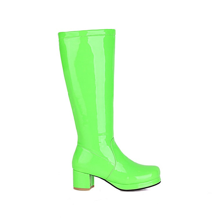 Womens' Patent Leather Block Heels Knee High Boots