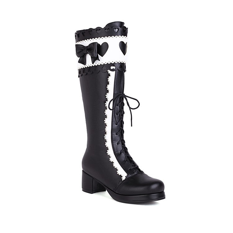 Womens' Lace Up Bowtie Low Heels Knee High Boots