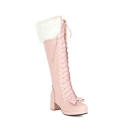 Womens' Fur Bow High Heels Knee High Snow Boots