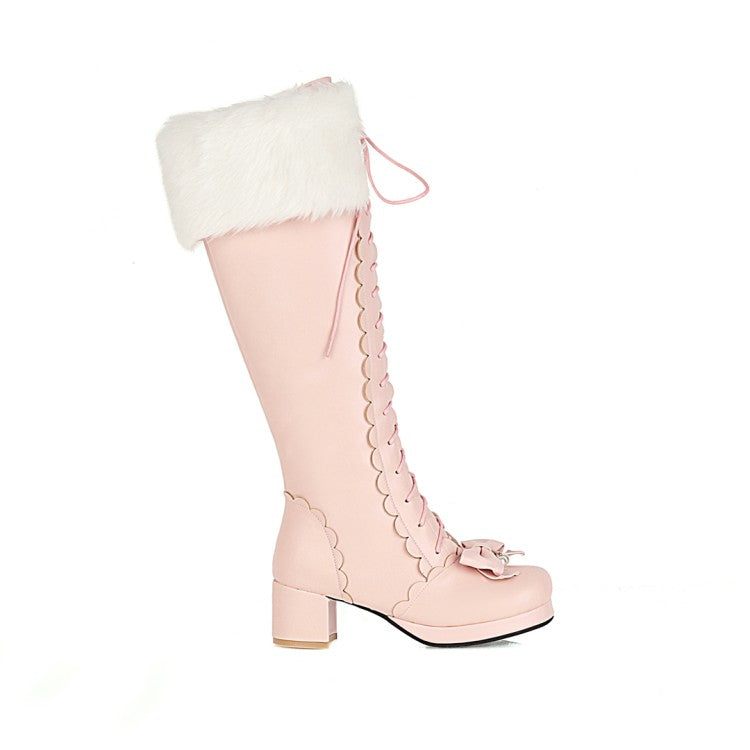 Womens' Fur Bow High Heels Knee High Snow Boots