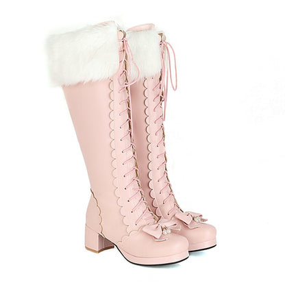 Womens' Fur Bow High Heels Knee High Snow Boots