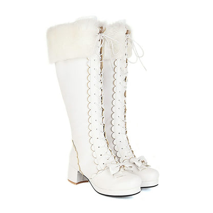 Womens' Fur Bow High Heels Knee High Snow Boots