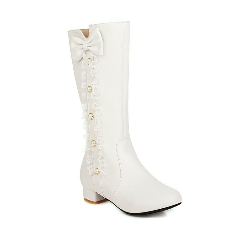 Womens' Pearl Lace Low Heels Knee High Boots