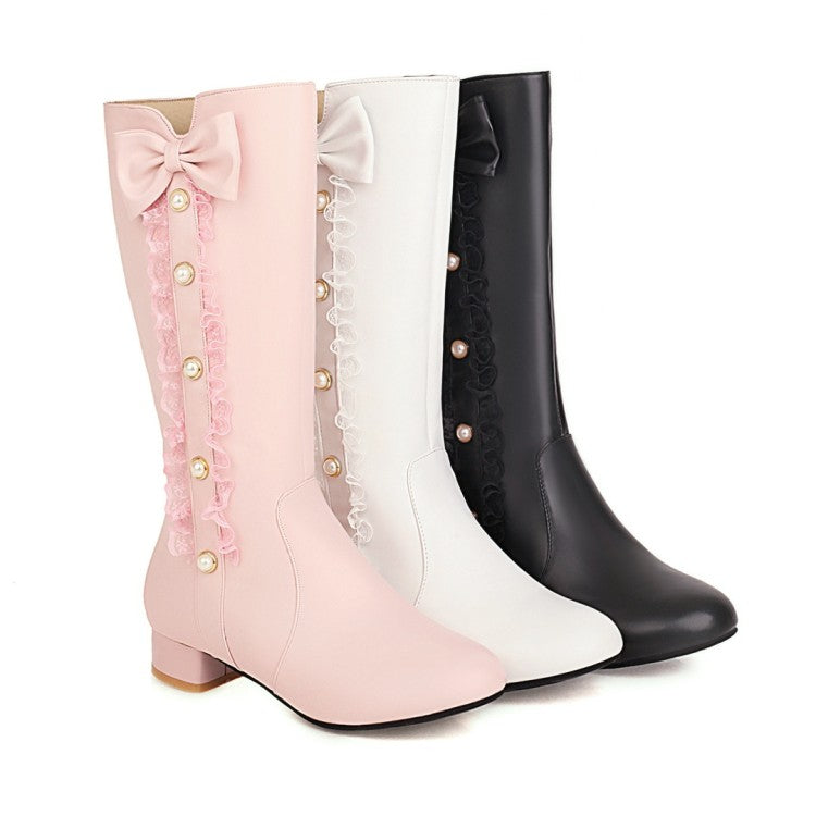 Womens' Pearl Lace Low Heels Knee High Boots