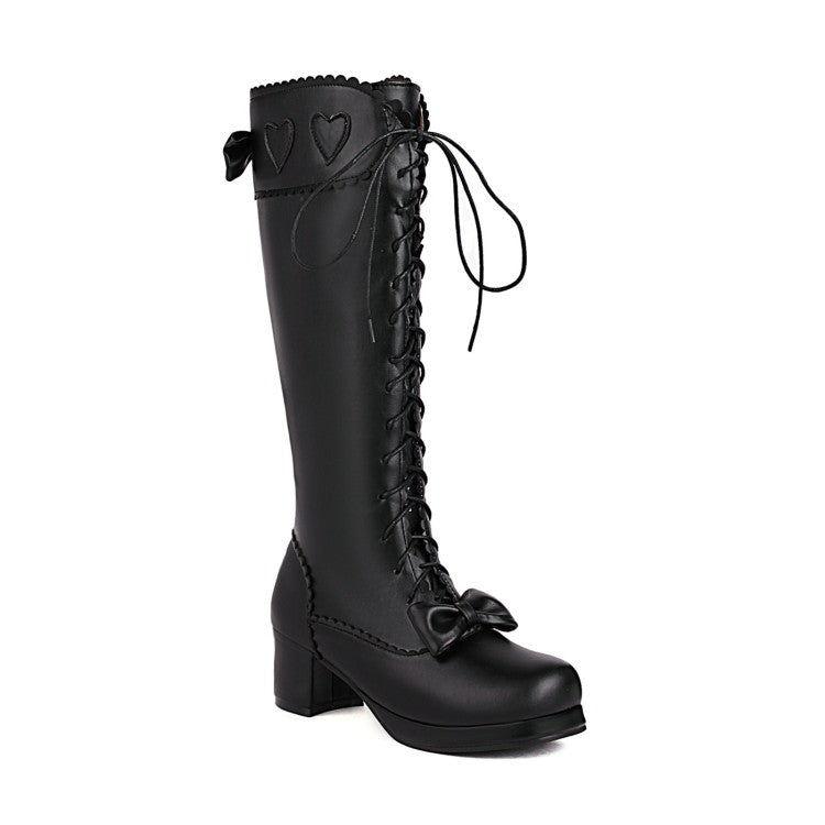 Womens' Lace Up Bowtie High Heels Knee High Boots