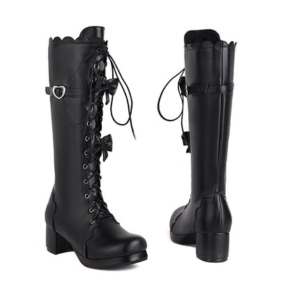 Womens' Bowtie Chunky Heels Knee High Boots